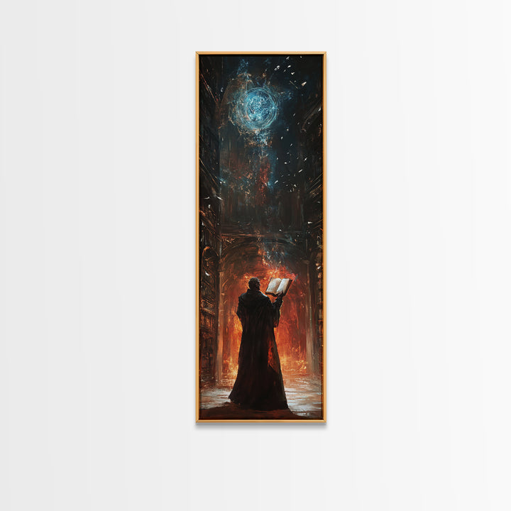 Wizard Reading Spellbook Under Celestial Orb Canvas Print, Dark Academia Fantasy Wall Art, Gothic Library Decor For Book Lovers