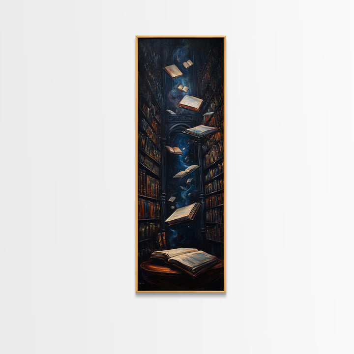 Dark Enchanted Library With Floating Books Wall Art, Gothic Bookish Decor, Dark Academia Print, Fantasy Reading Nook Gift
