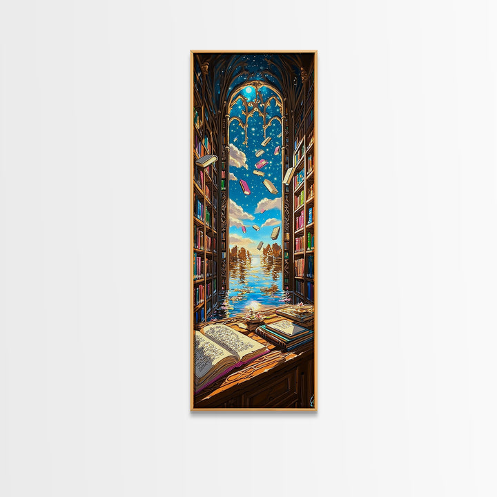 Sunlit Gothic Library Window Over Ocean Canvas Print, Bookish Wall Decor, Coastal Fantasy Art, Reading Nook Home Decor Gift