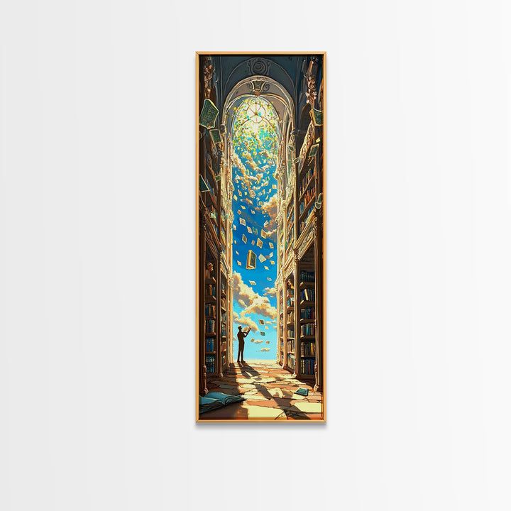 Golden Sky Library Arch With Falling Books Framed Canvas Print, Fantasy Bookish Wall Decor, Dark Academia Reading Gift Decor