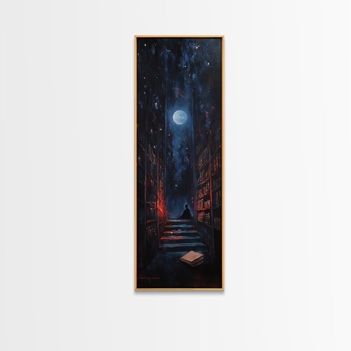 Moonlit Dark Library Stairs With Lone Reader Wall Art, Gothic Bookish Decor, Dark Academia Print, Moody Office Gift Decor