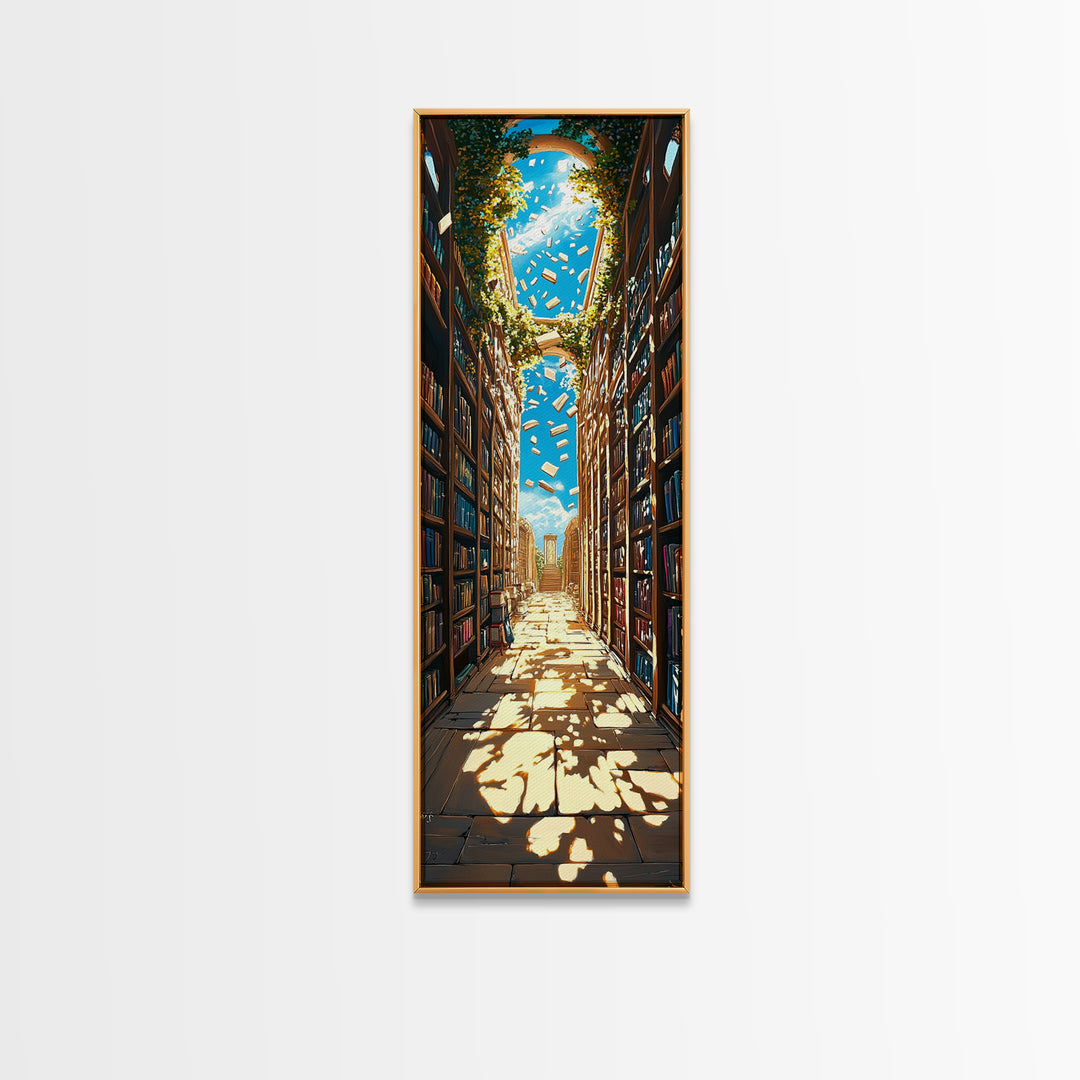 Sunlit Ivy Library Aisle With Floating Books Canvas Print, Bookish Wall Decor, Cozy Reading Nook, Fantasy Home Decor Gift