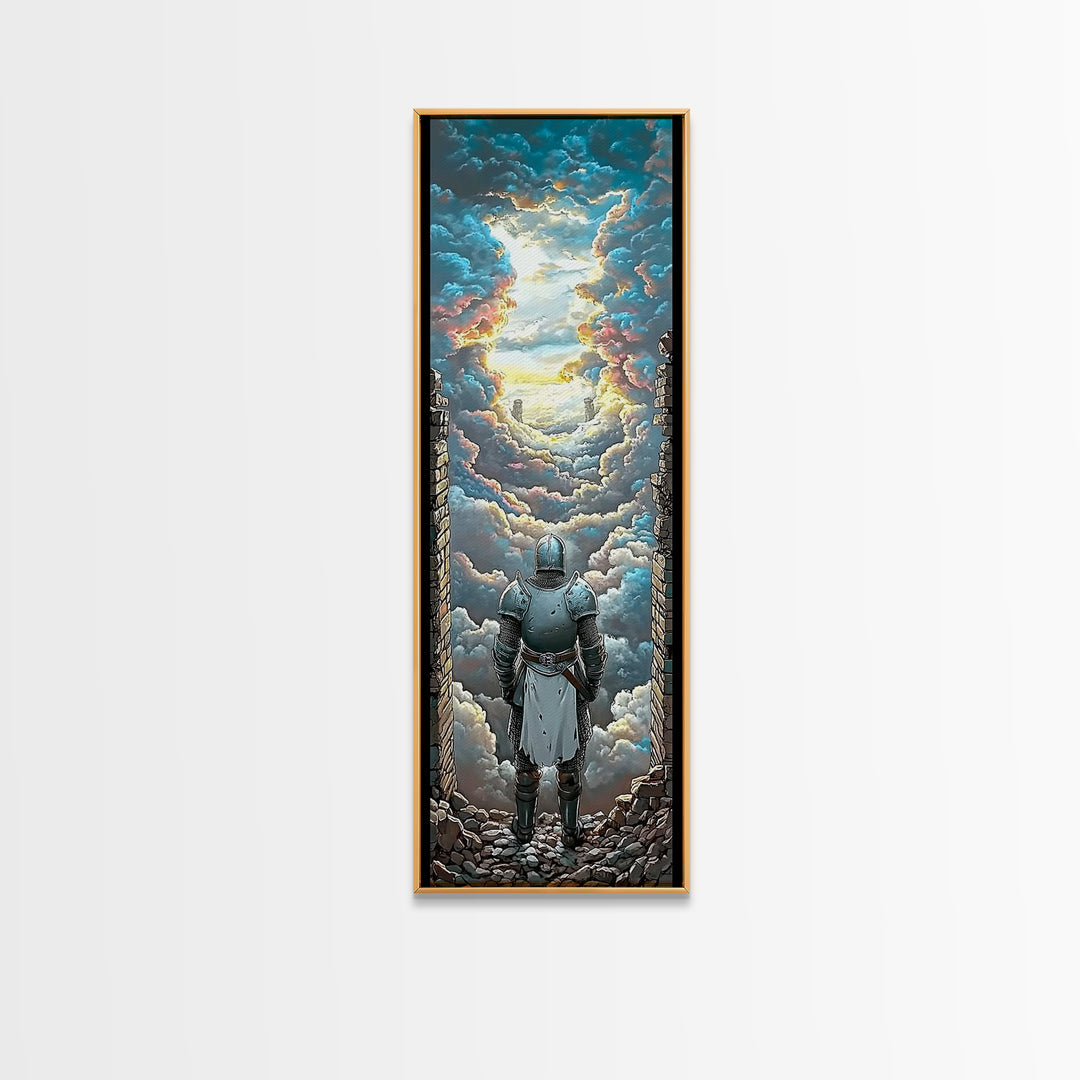 Armored Knight Before Radiant Cloud Portal Wall Art, Fantasy Castle Decor, Medieval Artwork, Inspirational Home Decor Gift