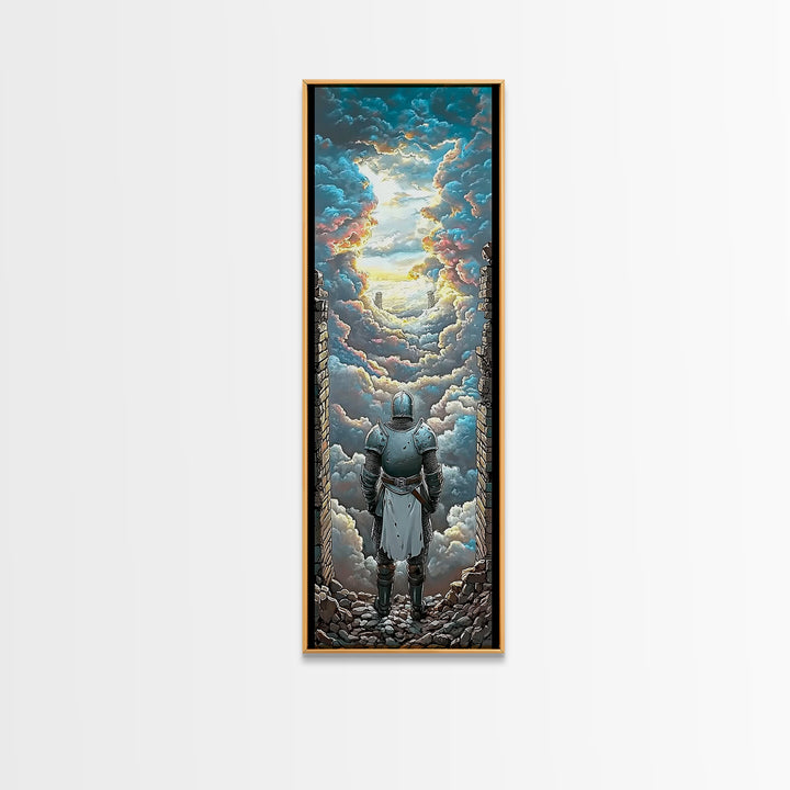 Armored Knight Before Radiant Cloud Portal Wall Art, Fantasy Castle Decor, Medieval Artwork, Inspirational Home Decor Gift