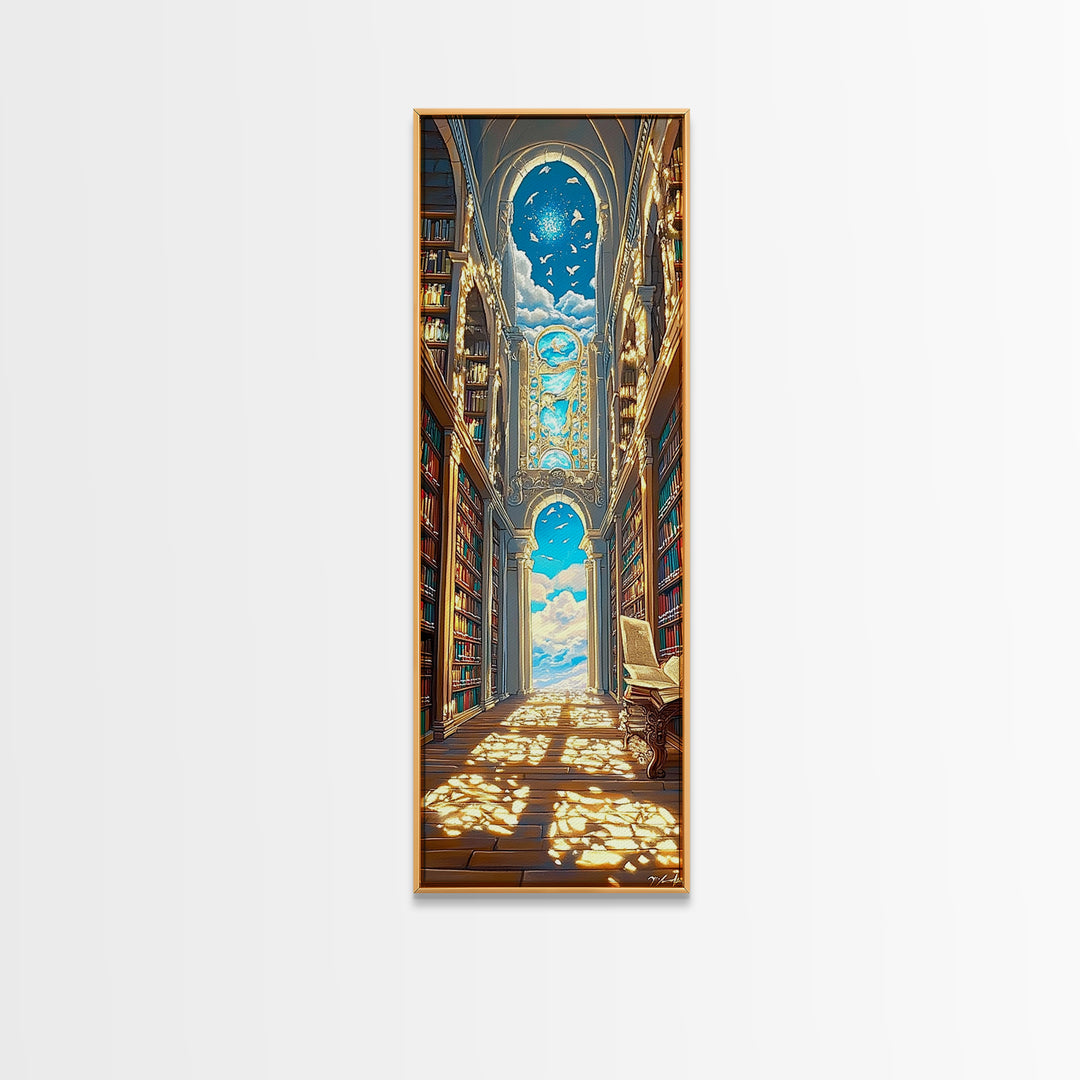Grand Sunlit Library Hall With Celestial Blue Ceiling Framed Canvas Print, Bookish Wall Decor, Dark Academia Home Gift Decor