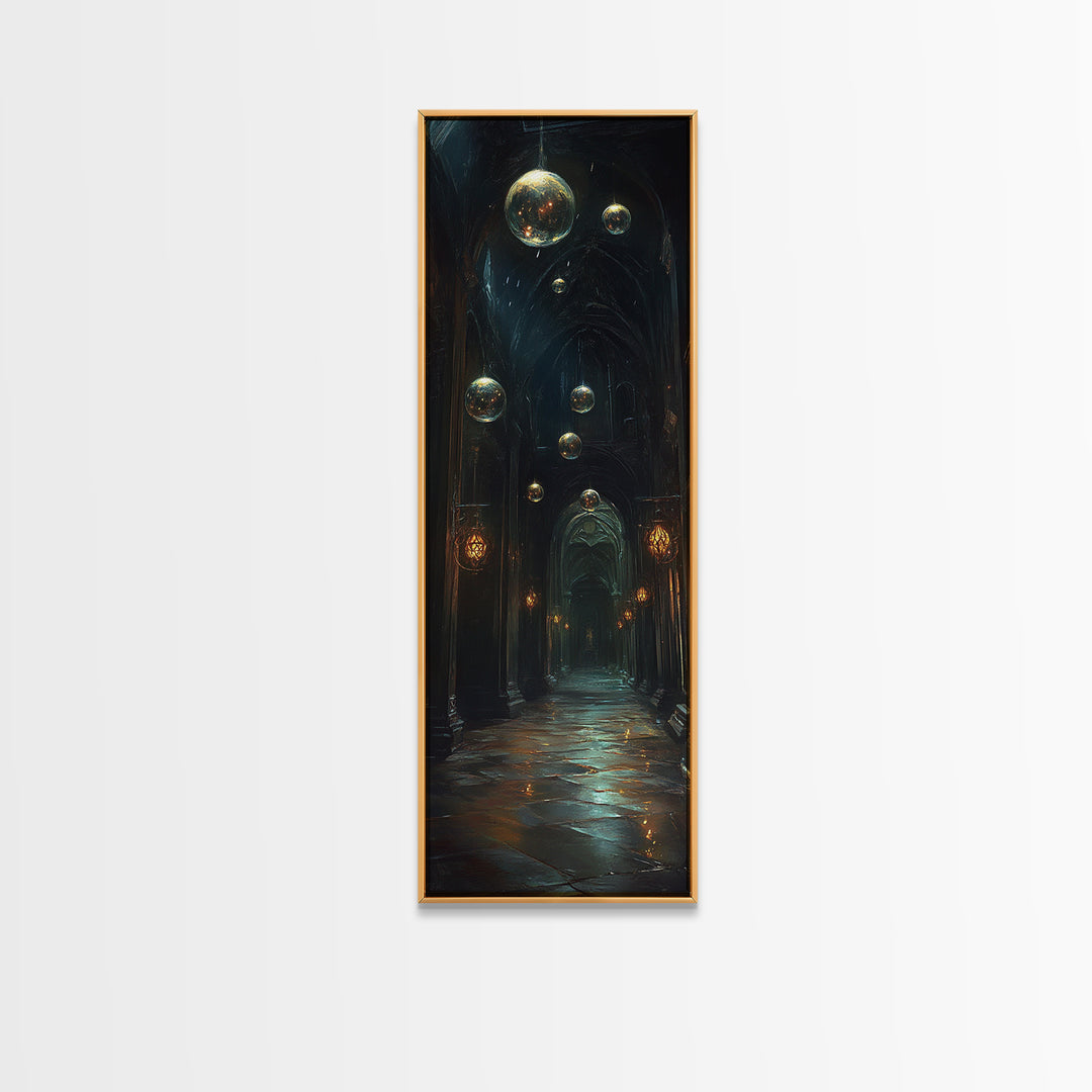 Dark Gothic Hall With Floating Celestial Orbs Canvas Print, Moody Wall Decor, Dark Academia Art, Fantasy Home Gift Office Decor