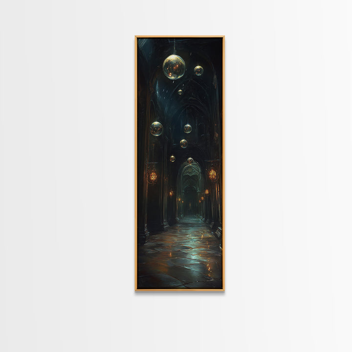 Dark Gothic Hall With Floating Celestial Orbs Canvas Print, Moody Wall Decor, Dark Academia Art, Fantasy Home Gift Office Decor