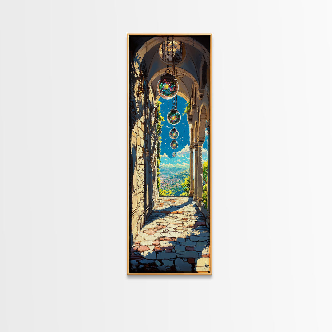 Sunlit Stone Archway With Floating Orbs, Mountain Valley Wall Art, Fantasy Landscape Canvas, Mediterranean Home Decor Print