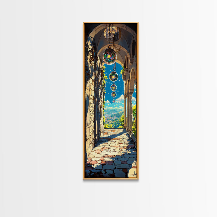 Sunlit Stone Archway With Floating Orbs, Mountain Valley Wall Art, Fantasy Landscape Canvas, Mediterranean Home Decor Print