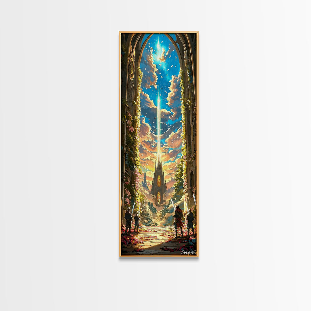 Celestial Cathedral Portal With Radiant Sky Beam Canvas Print, Fantasy Castle Wall Art, Magical Landscape Home Decor Gift For Her