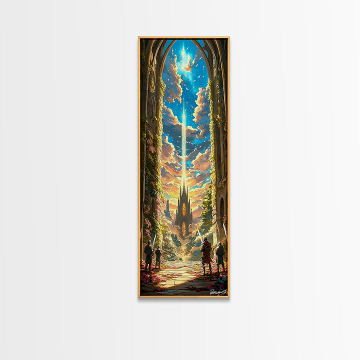 Celestial Cathedral Portal With Radiant Sky Beam Canvas Print, Fantasy Castle Wall Art, Magical Landscape Home Decor Gift For Her