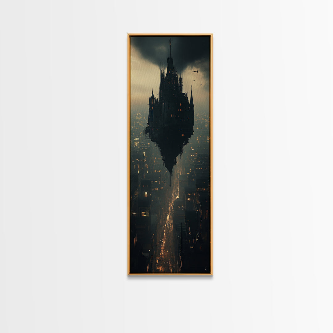 Dark Floating Citadel Above Dystopian City Wall Art, Gothic Castle Canvas Print, Sci Fi Fantasy Office Decor Gift For Him
