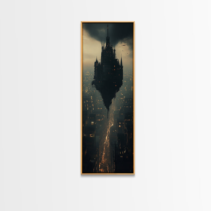 Dark Floating Citadel Above Dystopian City Wall Art, Gothic Castle Canvas Print, Sci Fi Fantasy Office Decor Gift For Him