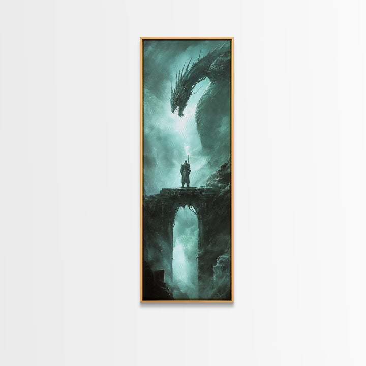 Lone Knight Facing Ancient Dragon Canvas Print, Dark Fantasy Wall Art, Teal Green Gothic Adventure Home Decor Gift For Him