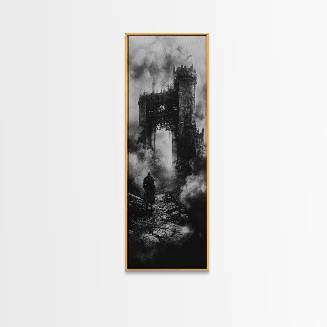 Black And White Gothic Ruin With Lone Wanderer Wall Art, Dark Academia Canvas Print, Moody Castle Home Decor Gift For Him