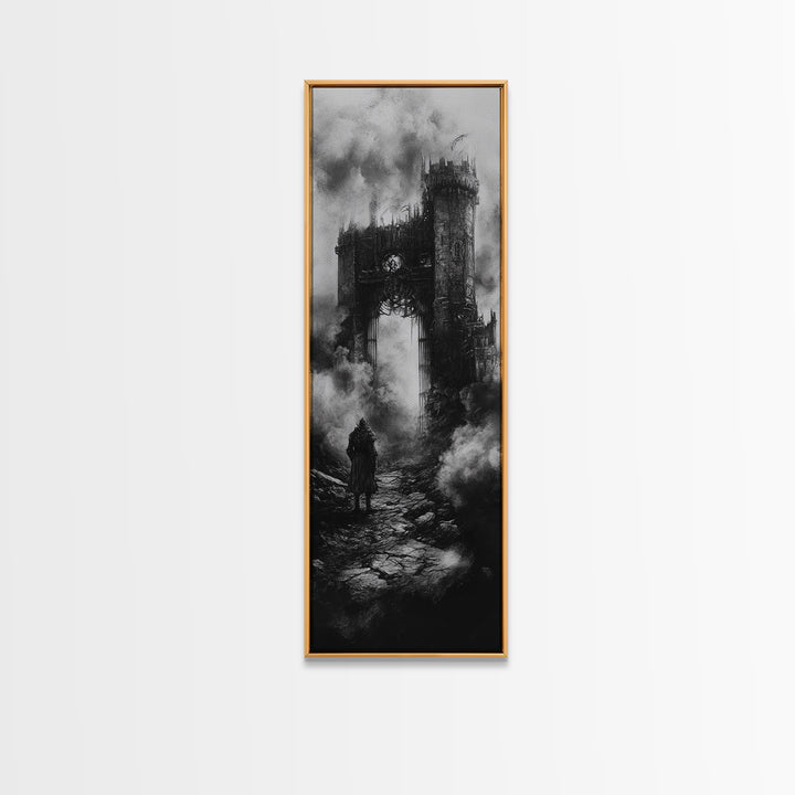 Black And White Gothic Ruin With Lone Wanderer Wall Art, Dark Academia Canvas Print, Moody Castle Home Decor Gift For Him