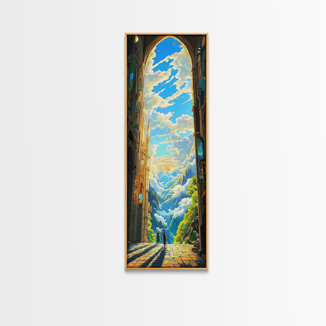 Golden Cathedral Arch Opening To Alpine Mountains Framed Canvas Print, Fantasy Landscape Wall Art, Bright Home Decor Gift