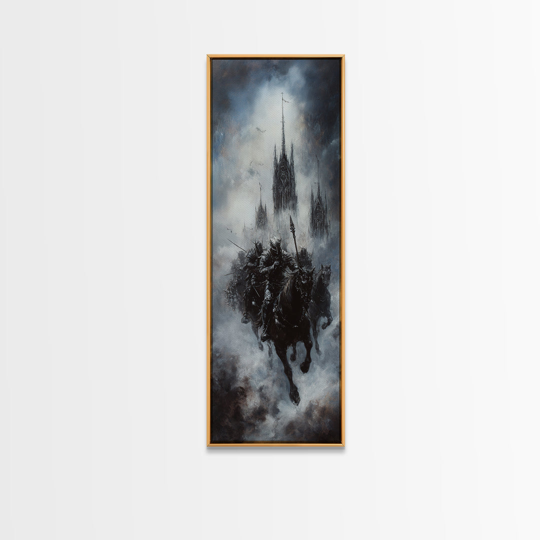 Gothic Floating Citadel And Shadow Knight Wall Art, Dark Fantasy Print, Black And White Art, Moody Medieval Decor For Living Room