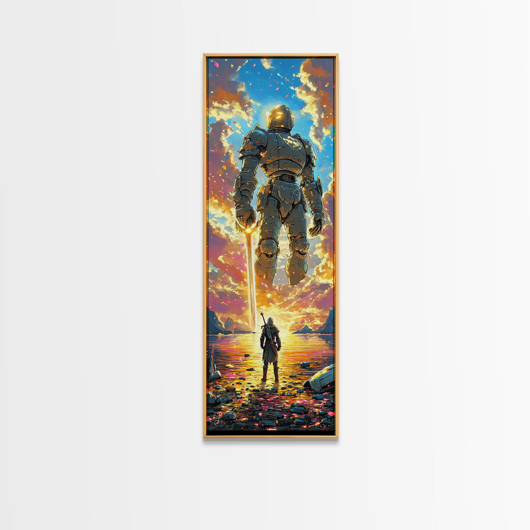 Golden Armored Colossus And Lone Warrior Framed Canvas Print, Epic Fantasy Wall Art, Vibrant Sunset Gaming Room Wall Decor