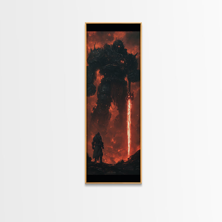 Dark Fire Titan With Crimson Sword Canvas Print, Epic Fantasy Wall Art, Demon Warrior Art Print, Gothic Gaming Room Decor