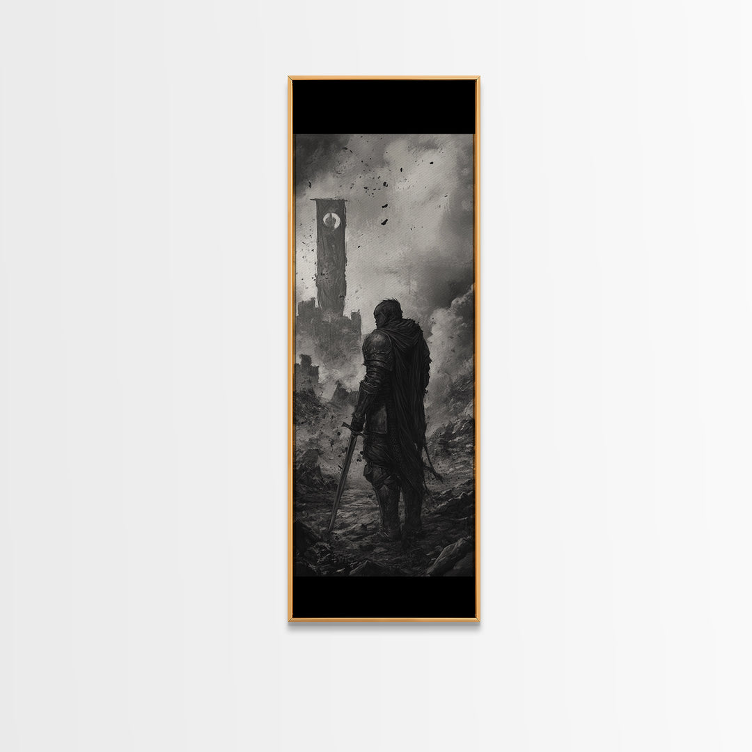 Black And White Lone Knight Near Ruined Tower Wall Art, Dark Fantasy Print, Medieval Landscape, Gothic Office Wall Decor