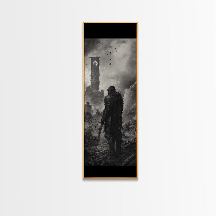 Black And White Lone Knight Near Ruined Tower Wall Art, Dark Fantasy Print, Medieval Landscape, Gothic Office Wall Decor