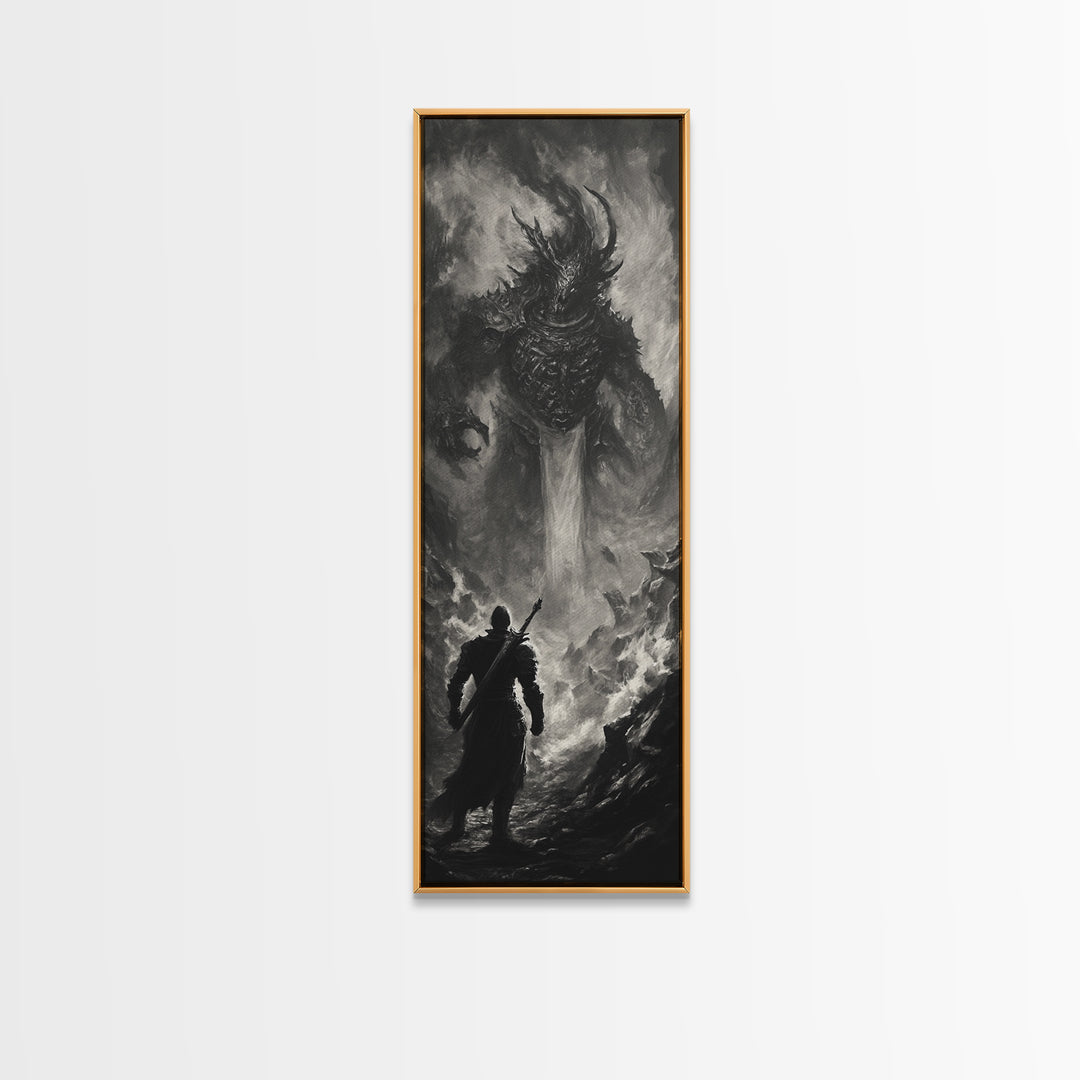 Monochrome Horned Demon Facing Warrior Framed Canvas Print, Dark Fantasy Wall Art, Gothic Black And White Art Decor For Office