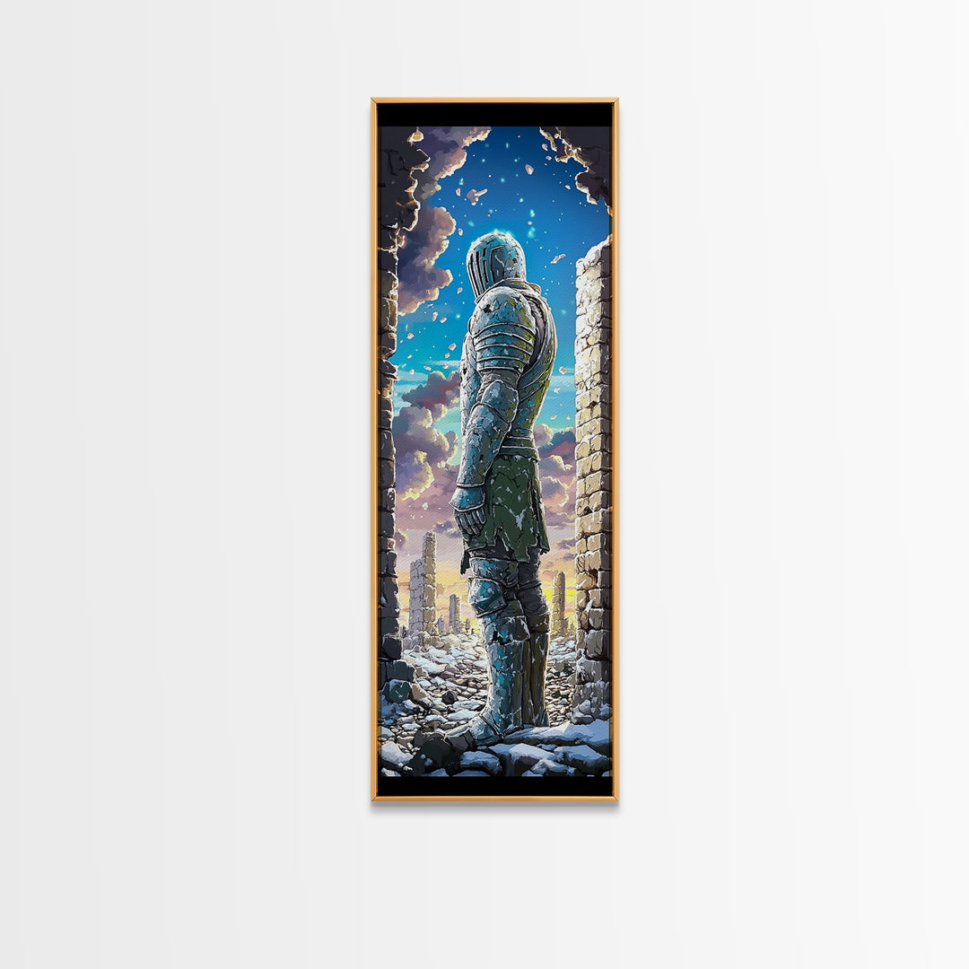 Snowy Armored Knight In Ruined Stone Gate Canvas Print, Fantasy Wall Art, Blue Winter Landscape, Medieval Home Wall Decor