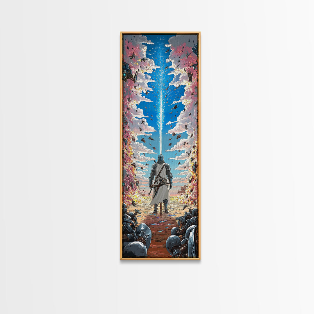 Silver Knight Beneath Celestial Blue Beam Wall Art, Epic Fantasy Print, Cherry Blossom Sky, Vibrant Gaming Room Wall Decor