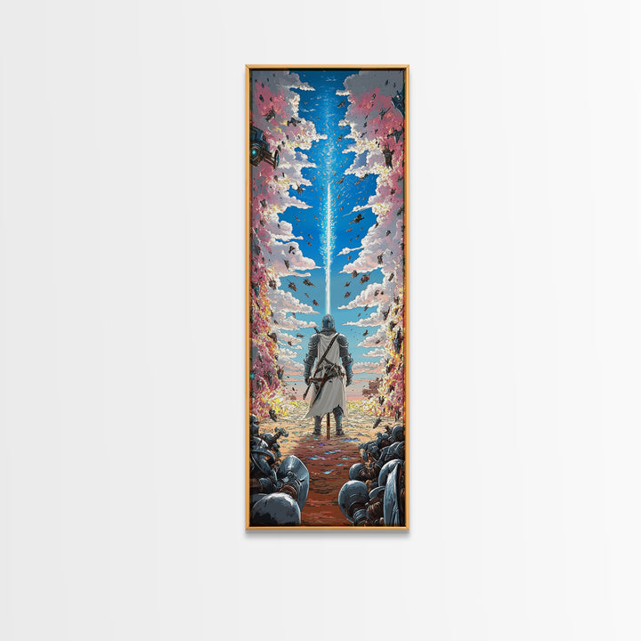 Silver Knight Beneath Celestial Blue Beam Wall Art, Epic Fantasy Print, Cherry Blossom Sky, Vibrant Gaming Room Wall Decor