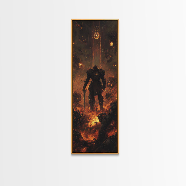 Ember Warrior In Fiery Ruins Framed Canvas Print, Dark Fantasy Wall Art, Gothic Dungeon Scene, Moody Game Room Wall Decor