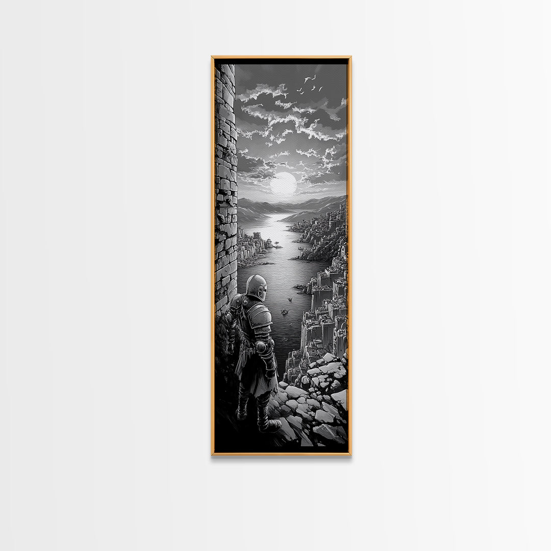 Black And White Knight Over Coastal City Wall Art, Medieval Seascape Print, Gothic Landscape, Fantasy Living Room Wall Decor