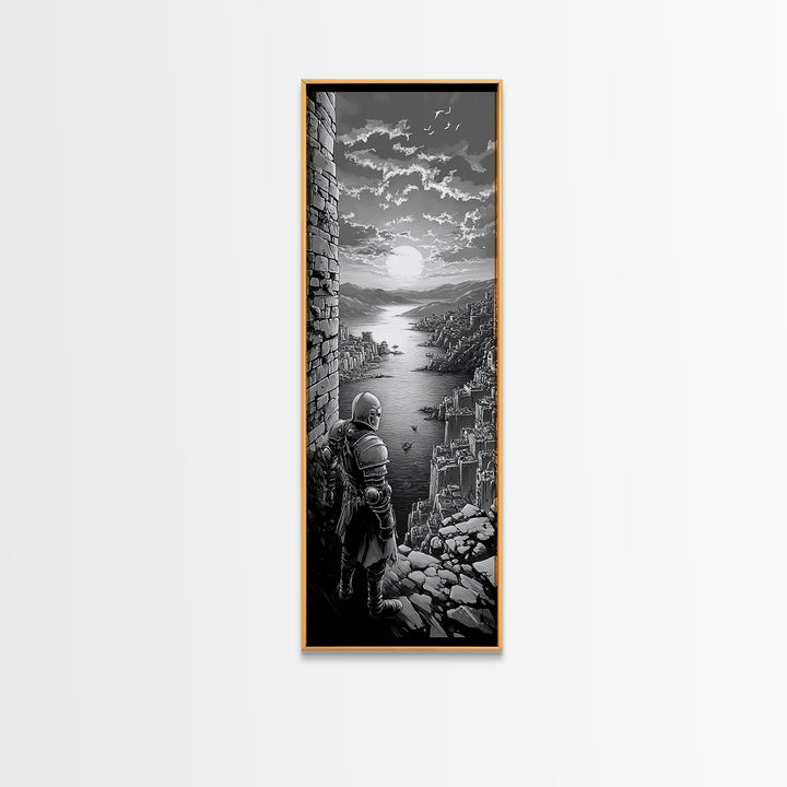 Black And White Knight Over Coastal City Wall Art, Medieval Seascape Print, Gothic Landscape, Fantasy Living Room Wall Decor