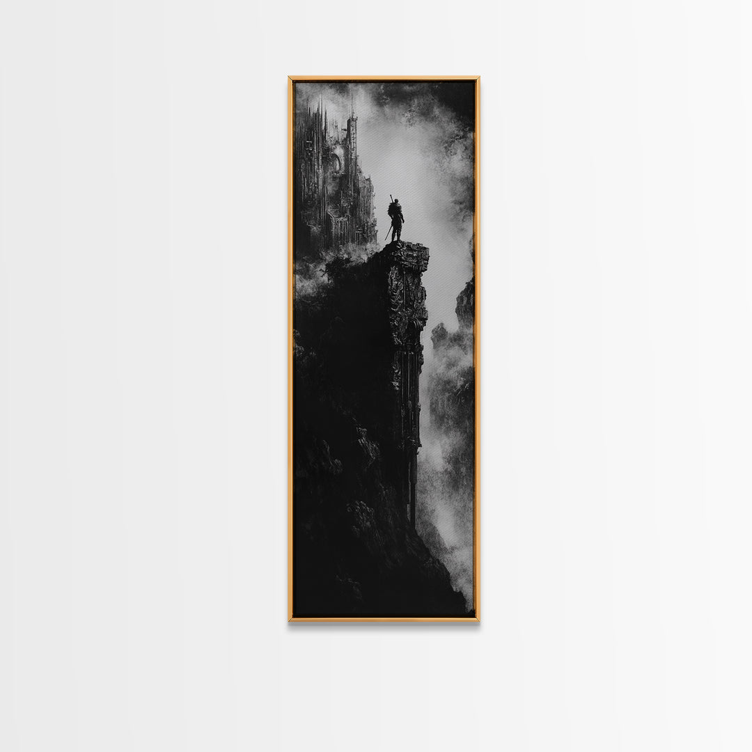 Lone Warrior On Gothic Cliff Wall Art, Dark Fantasy Castle Print, Black And White Canvas, Moody Medieval Decor, Fantasy Gift For Him