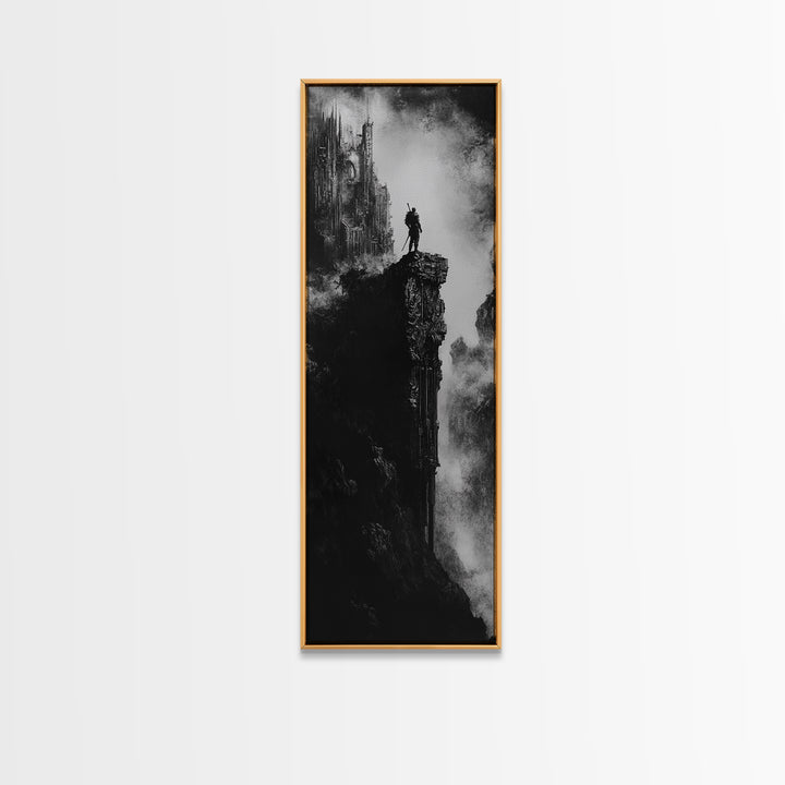 Lone Warrior On Gothic Cliff Wall Art, Dark Fantasy Castle Print, Black And White Canvas, Moody Medieval Decor, Fantasy Gift For Him