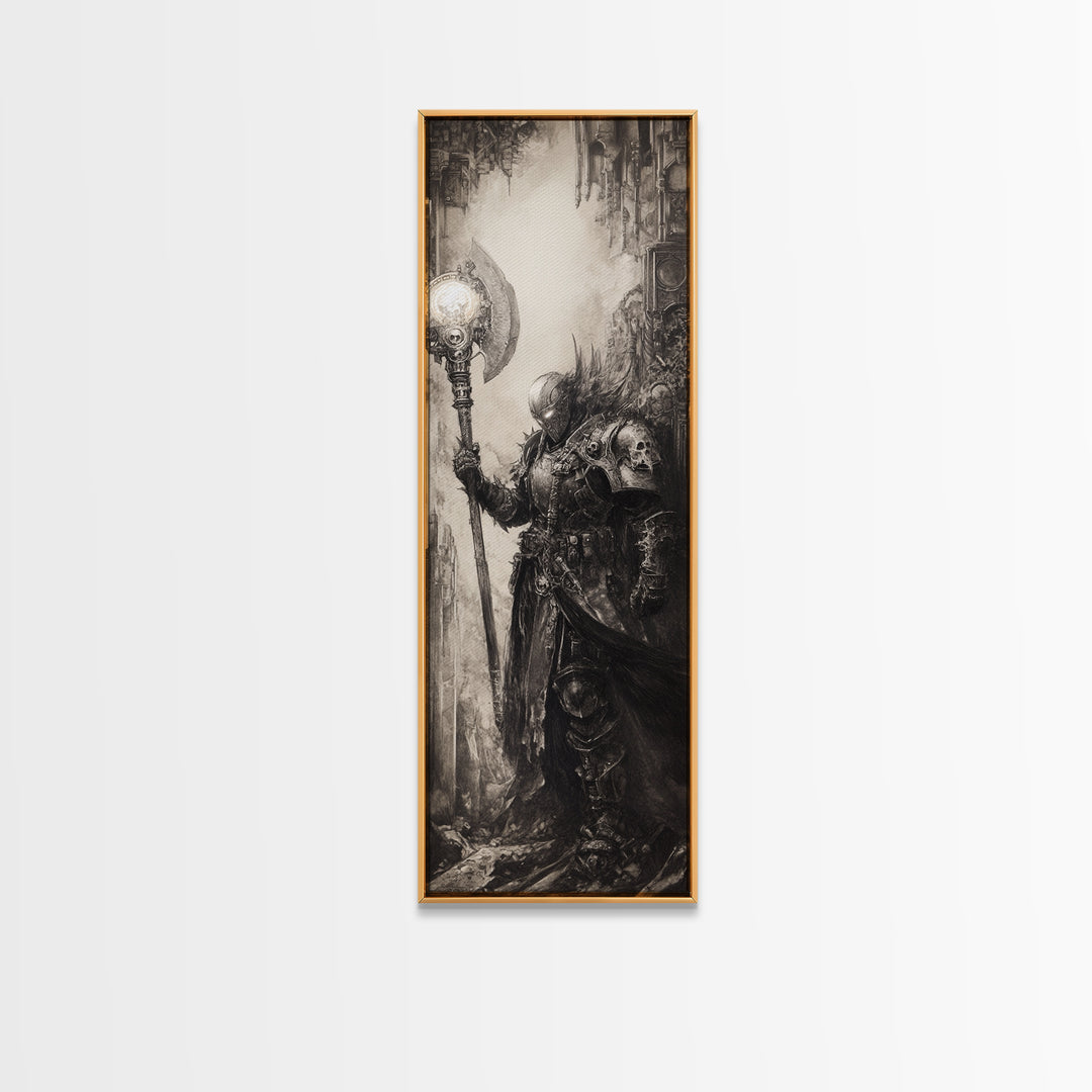 Armored Knight With Glowing Axe Framed Canvas Print, Gothic Fantasy Wall Art, Black And White Medieval Office Decor, Gift For Him