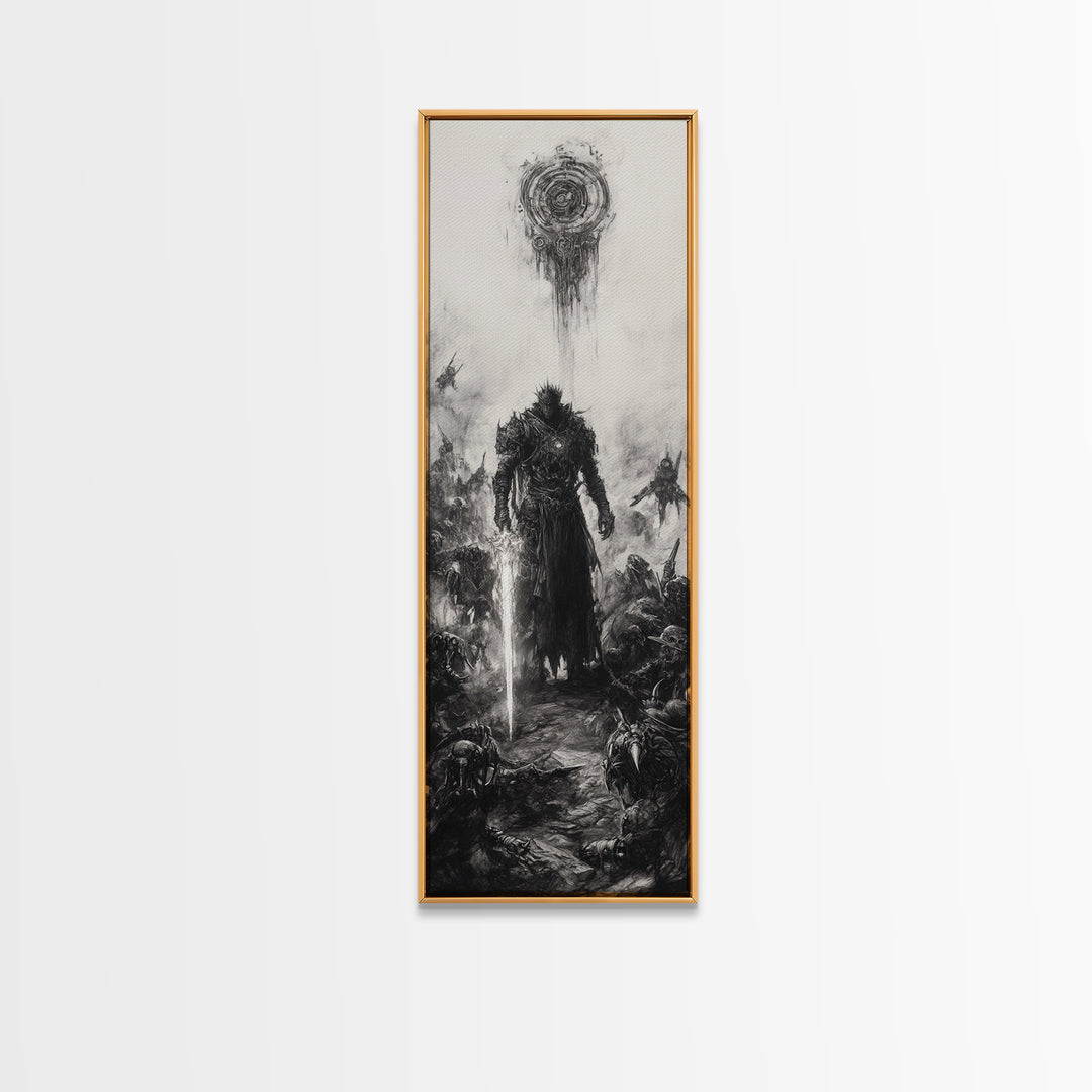 Dark Spiked Warrior Battlefield Wall Art, Gothic Fantasy Canvas Print, Black And White Surreal Art, Medieval Game Room Decor