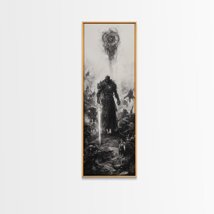 Dark Spiked Warrior Battlefield Wall Art, Gothic Fantasy Canvas Print, Black And White Surreal Art, Medieval Game Room Decor