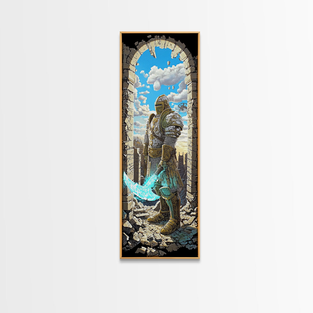 Golden Armored Knight In Ruined Arch Wall Art, Pixel Fantasy Canvas Print, Turquoise Sword Medieval Gamer Room Decor Gift