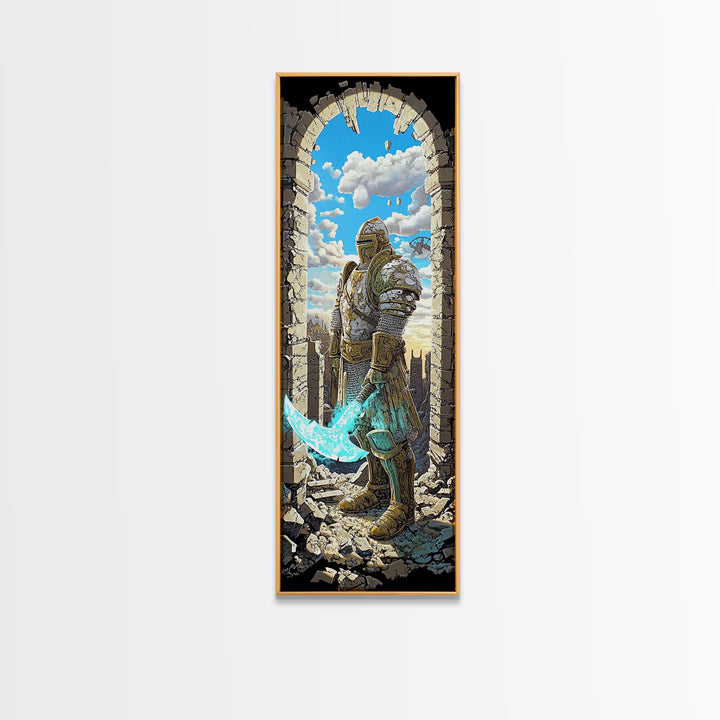 Golden Armored Knight In Ruined Arch Wall Art, Pixel Fantasy Canvas Print, Turquoise Sword Medieval Gamer Room Decor Gift