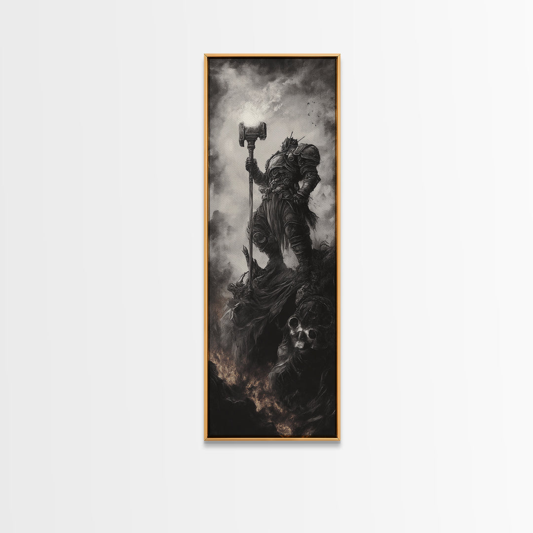 Dread Warrior With Hammer Wall Art, Dark Fantasy Canvas Print, Gothic Skull Decor, Black And White Medieval Gift For Him
