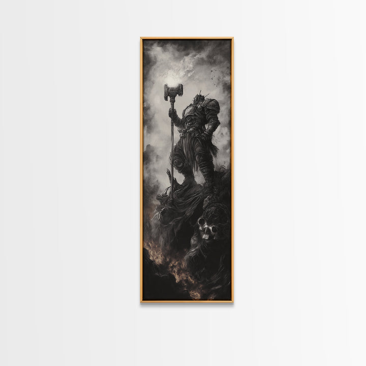 Dread Warrior With Hammer Wall Art, Dark Fantasy Canvas Print, Gothic Skull Decor, Black And White Medieval Gift For Him