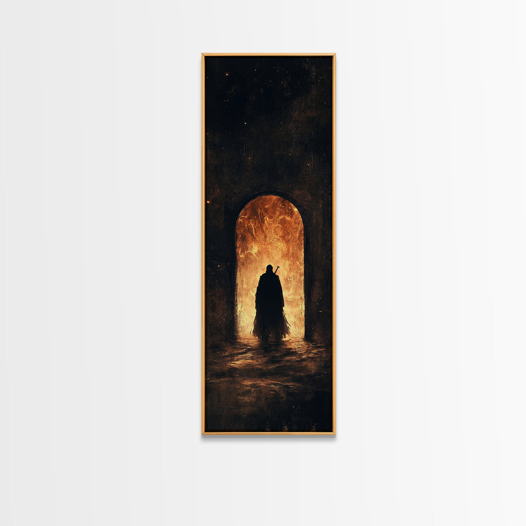Cloaked Figure Before Fiery Portal Wall Art, Dark Fantasy Canvas Print, Gothic Arch Decor, Moody Surreal Art Gift For Him