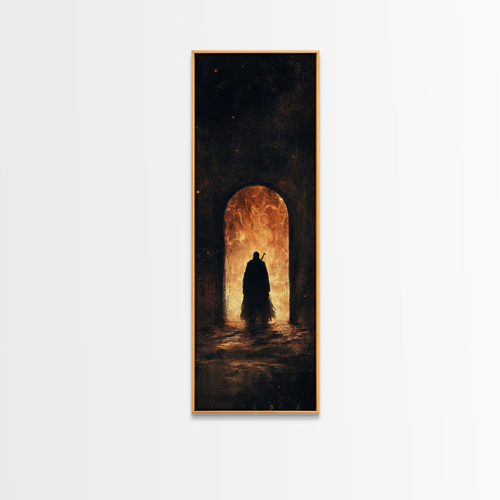 Cloaked Figure Before Fiery Portal Wall Art, Dark Fantasy Canvas Print, Gothic Arch Decor, Moody Surreal Art Gift For Him