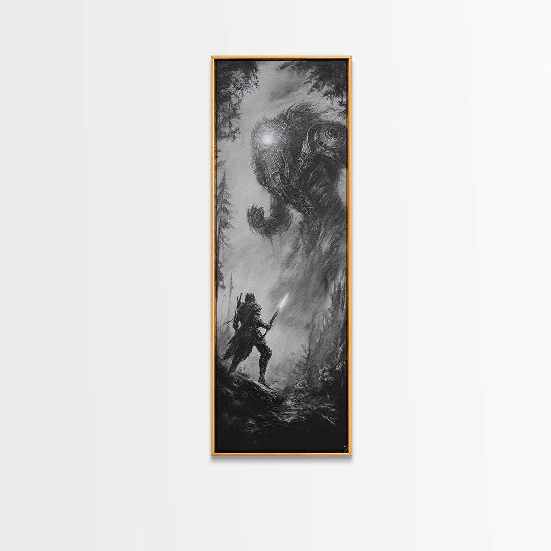 Warrior Facing Forest Giant Wall Art, Black And White Fantasy Canvas Print, Dark Surreal Creature Decor, Gothic Gift For Him