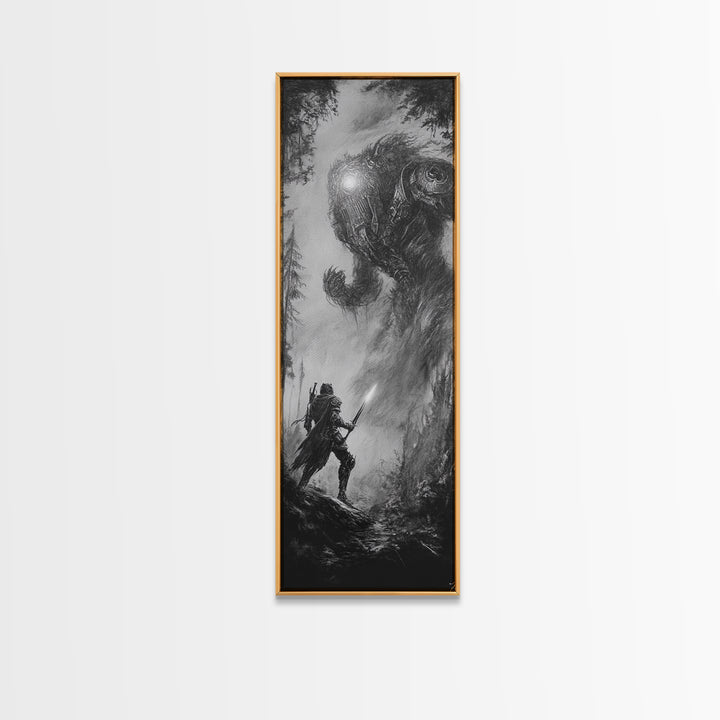 Warrior Facing Forest Giant Wall Art, Black And White Fantasy Canvas Print, Dark Surreal Creature Decor, Gothic Gift For Him