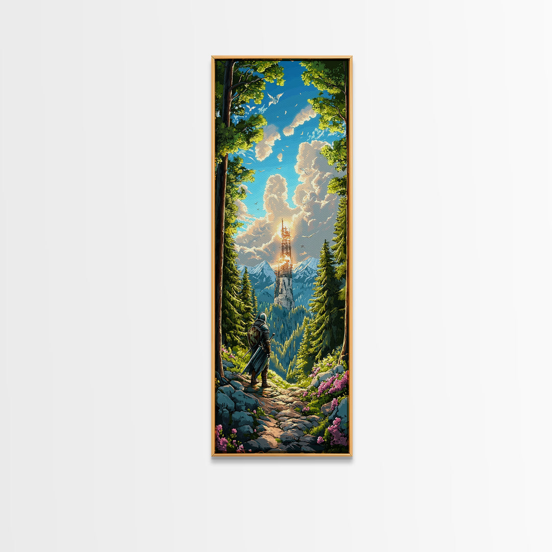 Knight In Sunlit Forest Tower Wall Art, Fantasy Landscape Canvas, Medieval Adventure Decor, Epic Mountain Living Room Print
