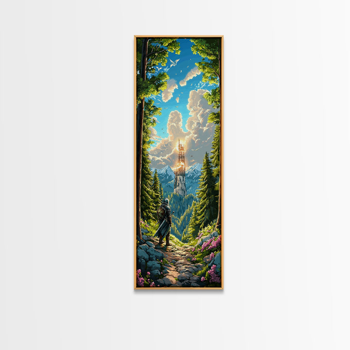 Knight In Sunlit Forest Tower Wall Art, Fantasy Landscape Canvas, Medieval Adventure Decor, Epic Mountain Living Room Print