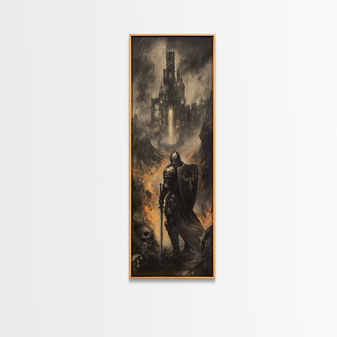 Dark Knight Before Burning Citadel Wall Art, Gothic Fantasy Print, Medieval Castle Decor, Moody Black And White Canvas Art