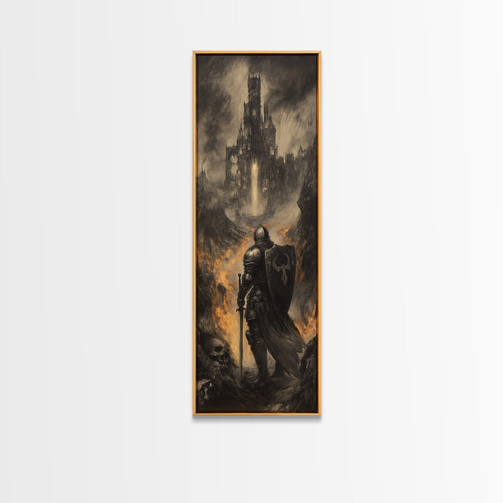 Dark Knight Before Burning Citadel Wall Art, Gothic Fantasy Print, Medieval Castle Decor, Moody Black And White Canvas Art